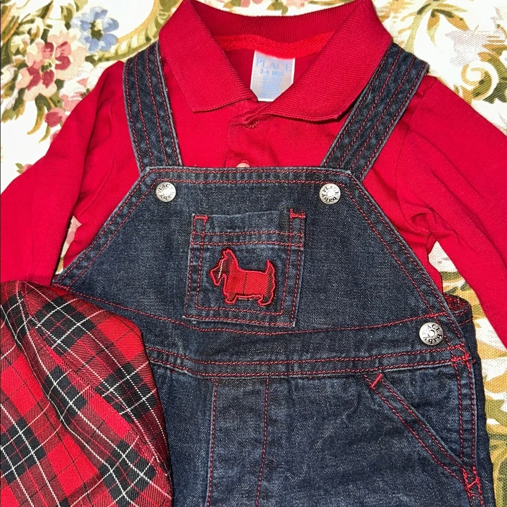 ADORABLE TCP DENIM SCOTTY DOG OVERALLS SHIRT HAT SET RED PLAID 3-6 MONTHS EUC - Picture 2 of 8